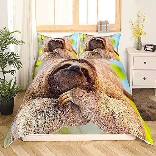 Loussiesd Faultierbetten Set Nettes Tiermuster Bettbezug Set 3D Braunes Faultier Bedrucktes Bettwäsche Set 135x200cm für Kinder Wild Tier Theme Decor