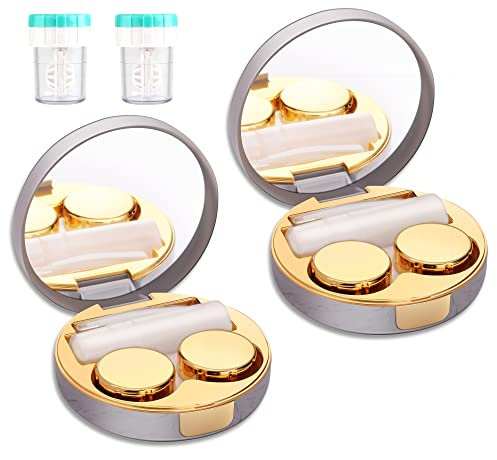 TreaHome Kontaktlinsenbehälter Kit, ​ 2 Pack Kontaktlinsenbehälter Reise mit Reiniger Wascher Halter Pinzette Entferner Werkzeug Lösung Flasche für den täglichen Gebrauch im Freien (Gold)