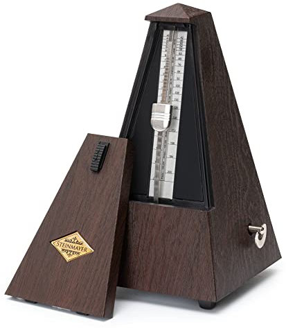 Steinmayer M-03G Metronom mit Glocke - Mechanischer Taktgeber in Pyramidenform - 40-208 Schläge pro Minute - 4 Taktarten - Robustes Kunststoffgehäuse - Braun mit Holzmaserung