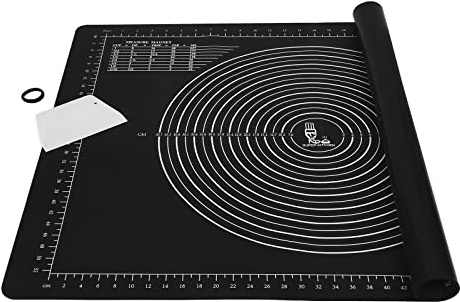 SUPER KITCHEN Silikon Bakmatta med degskärare, Non-Stick Utrullningsmatta | Halkfri Degmatta, Silikonmatta Arbetsmatta för Bakverk, Fondant, Macarons, Pizza, Bröd, Epoxi, BPA-fri (80 x 60 cm, Svart)