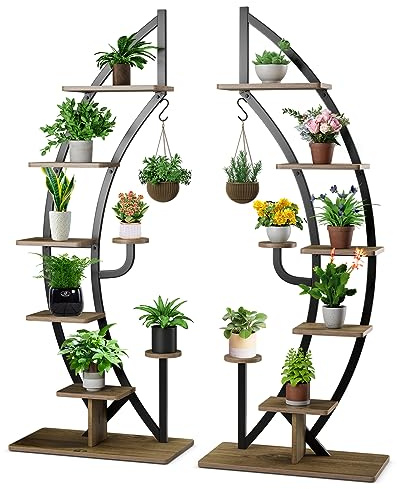 GOPLUS Soporte para Plantas de Metal de 7 Niveles, Estante de Exhibición con Forma de Media Luna, Gancho y Dispositivo Antivuelco, Estantería Curvada para Salón Dormitorio Balcón (Negro-2 Piezas)