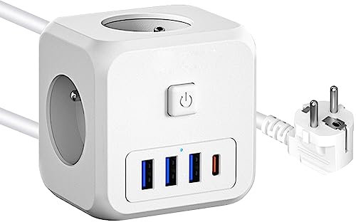 ARCELI Multiprise USB, Prise Multiple Cube Prise Murale, 3 USB et 1 C Chargeur Prise 1.5M Rallonge avec 3 AC 4000W Multiprise Electrique avec Interrupteur, Prise Cube pour Maison Bureau Cuisine