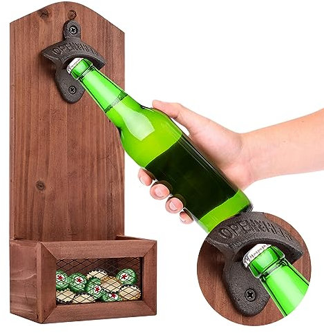 Vintage Hölzerne Flaschenöffner Wandmontage mit Auffangbehälter - Geschenk für Männer und Bierliebhaber
