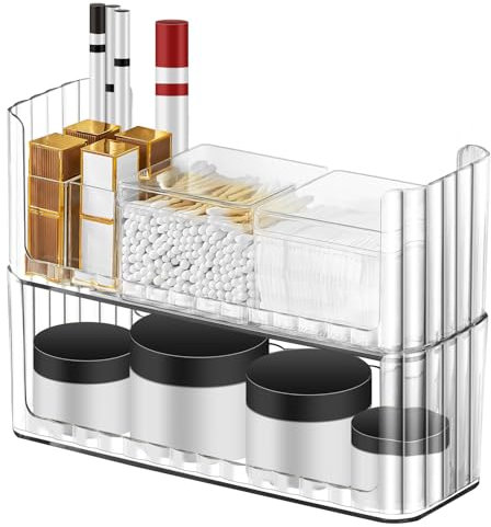 poeland 2 Pack Stackable Makeup Organizer Tray, Transparent Cosmetic Display Case with 2 Lipstick Cases and 2 Cotton Swab Pad Boxes, Mirror Medicine Cabinet Shelves Organizer