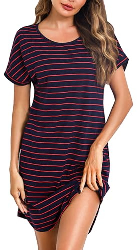 Litherday Camisón Mujer Algodón Verano Camisones Cortos de Rayas con Bolsillos Camisón de Manga Corta Suave para Dormir Ropa de Casa Azul Rojo-Rayas Finas L