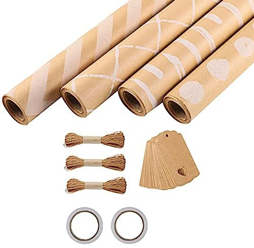 ZOMTTAR 4 Rollen Geschenkpapier, Papierhochzeits-Geschenkpapierrolle 43 X 300 Cm/Rolle Geschenkpapier-Set mit 2 Klebebändern, 3 Seilen und 20 Kraftpapieranhängern