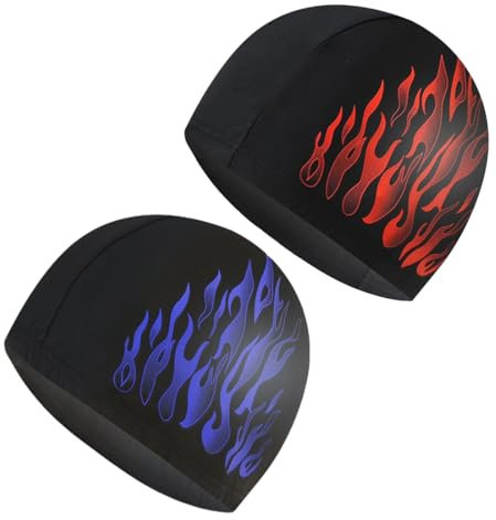 2 Stück Elastische Badekappen für Erwachsene, Komfortable Stoff Bademütze Weiche Unisex Badekappe Ohrenschutz Schwimmhaube Schwimmkappe Leichte Badehaube für Herren Damen Lange Kurzes Haar(Flammen)
