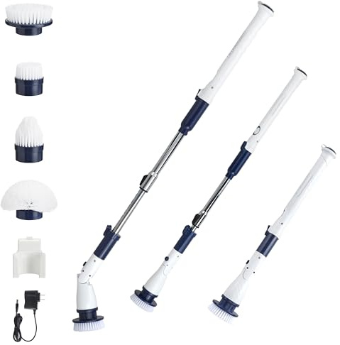 Casabella Power Spin Scrubber, Extendable to 47.5” – Cordless Electric Cleaner for Shower, Kitchen, Bathroom, Tile, Tub, Car, Deck - Rechargeable Spin Brush with Adjustable Brush Head & 4 Attachments
