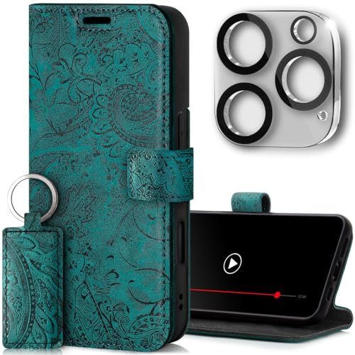 SURAZO Handyhülle für Apple iPhone 16 Pro Max Hülle Leder - Klappbar Echtleder Schutzhülle [Kartenfach, RFID Schutz, Standfunktion, Kameraschutz Glas] Flip Klapphülle Case Cover Lederhülle O. Türkis