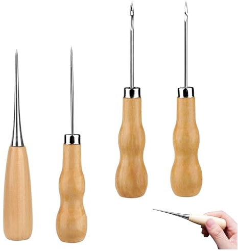 Hezhou 4 Piezas Lezna de Costura con Mango de Madera Herramienta de Coser Cuero Kit de Costura Artesanal para Cuero para coser o reparar lona, papel de cuero, costura de cuero