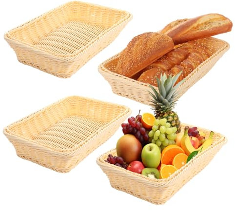 LOPYXBR 4PCS Wicker Bread Basket for Table 30x25x6.5cm Rectangular Fruit Baskets Yellow Poly Wicker Tray Food Baskets for Serving Fruit Vegetable, Home, Restaurant