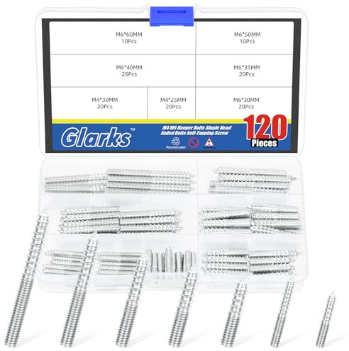 Glarks 120 ensembles de boulons de suspension M4 M6 25mm 30mm 35mm 40mm 50mm 60mm longue tête simple boulons à double tête vis autotaraudeuses connexion bois clous