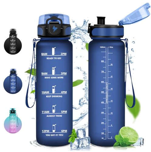 Vikaster Trinkflasche Sport, 1L BPA-frei Tritan Auslaufsicher Kunststoff Wasserflasche, Kohlensäure Geeignet, Sportflasche für Fahrrad, Kinder, Fitness, Schule, Yoga, Yl-dark Blue