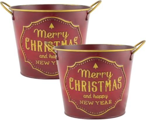 Fyne-Finds Set of 2 Round Metal Christmas Red Plant Pot 19cm, 7inch Tin Pail Planter Gold Indoor Xmas Decor