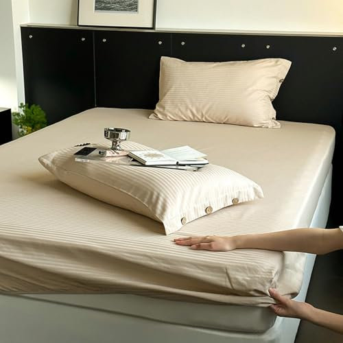 Lirzxin Boxspringbett 150x200 cm, Spannbettlaken Langstapelige Baumwolle Einfarbig mit Dünnen Streifen Struktur Boxspringbett Spannbettlaken Doppelbett, Beige Braun