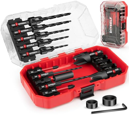 DIYSELF 15PCS Countersink Drill Bit Set for Woodworking, 1/4 Countersink Drill Bit, M2 Cobalt HSS Tapered Bits, Wood Plug Cutters, Collars&Extension, Counter Sink Drill Bit for Wood