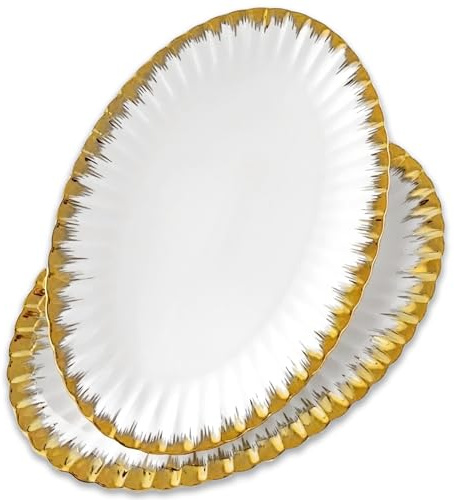 Serving Platters, Ceramic Oval Serving Platters,12 Inch Serving Dishes/Trays for Party Entertaining, Porcelain White Dinner Plates with Gold Trim for Sandwich, Appetizer, Fruit, Desserts, Set of 2