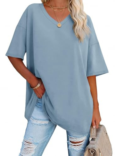 Ebifin Oversized T-Shirt för Dam med V-Ringning, Ljusblå, M
