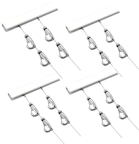 Confezione da 4 sistemi per appendere quadri, binari in alluminio da 1 m, con kit di cavi invisibili, per specchi rotondi, tele e foto (cavo bianco da 2 m e 1 gancio)