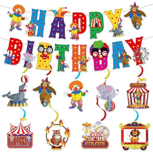 Lets Joy Decorazioni per Feste di Carnevale, Ghirlanda di Pagliaccio + Happy Birthday Striscione, Decorazioni Circo Compleanno, Clown Spirale da Appendere, Feste a Tema Compleanno Carnevale Decor