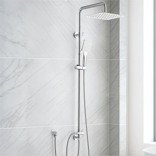SunCleanse Regendusche ohne Armatur, Eckiger Duschkopf aus Edelstahl 25x25 cm, höhenverstellbar Duschstange von 75-110cm, Mit Hochdruck Handbrause, Duschsystem mit Messing-Umschaltventil, Chrom