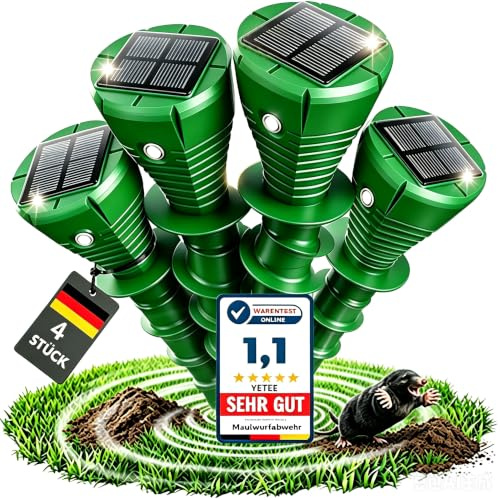 YETEE Maulwurf Vertreiber 4er, Solar Maulwurfschreck Testsieger mit Ultraschall, IP65 Wasserdicht, Effektive Wühlmausabwehr gegen Maulwürfe und Wühlmäuse, für Garten & Rasen