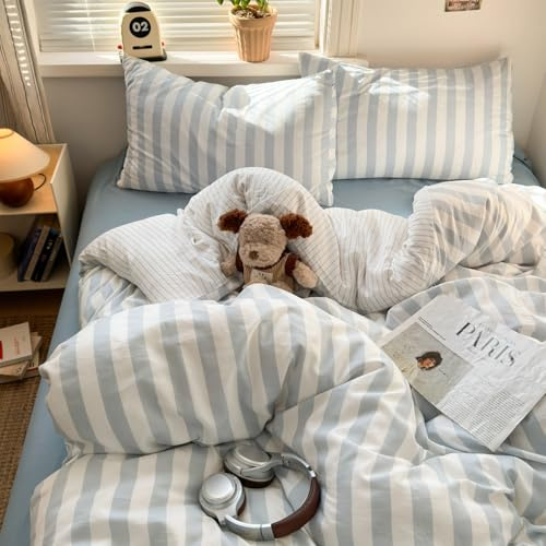 Freyamy Housse de Couette 220x240 Rayures Bleu Blanc avec 2 Taies d'oreiller 65x65cm Parure de lit 2 Personnes Adulte Ado Sets de Housse Couette en 100% Microfibre avec Fermeture Éclair