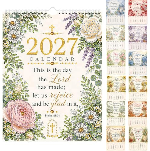 Lebartm 2027 Diamond Art Wall Calendar for Adults Beginners 12 Monthly Holiday Themes 17x22.5cm Hanging Loop DIY Craft Wall Calendars for Home Office Planning-Inspirational quotes