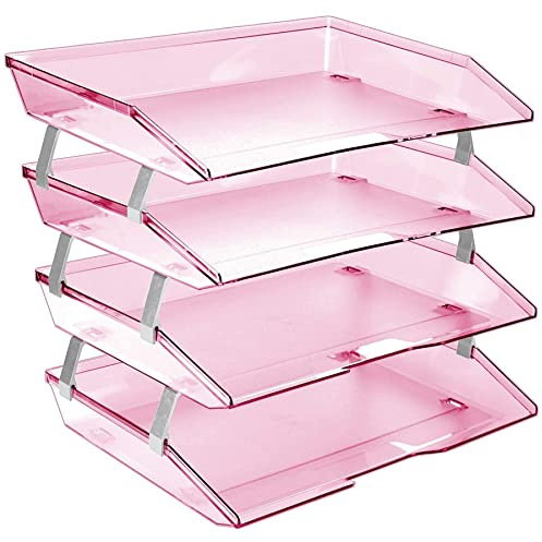 Acrimet Vassoio Facility Portalettere a 4 Ripiani/Organizzatore di Documenti per Scrivania, Laterale A4, Plastica (Colore Rosa Trasparente)