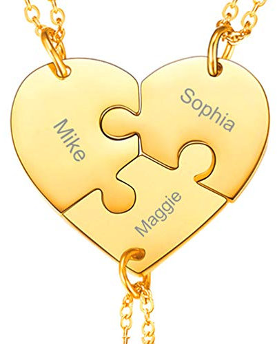 PROSTEEL Herz Collier für Damen Mädchen personalisiert 18k vergoldet 3er Puzzle Teile Namen Gravur Anhänger Halskette für Freundschaft Freundinnen Geschenk Weihnachten Geburtstag