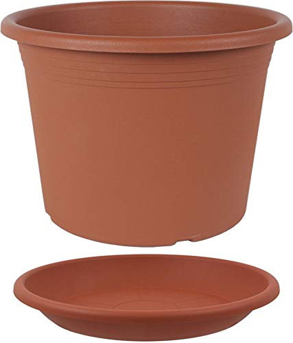 MePla - Blumentopf Pflanzkübel Cylindro ø35 cm + Untersetzer ø34 cm, Terrakotta, wetterfest aus UV-beständigem Kunststoff