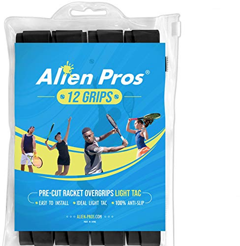 ALIEN PROS Tennis Racket Grip Tape (12 Grips) – Precut and Light Tac Feel Tennis Grip – Tennis Overgrip Grip Tape Tennis Racket – Wrap Your Racquet for High Performance (12 Grips, Black)