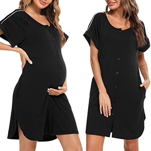 iClosam Camisón Lactancia Mujer Algodón Camisones de Maternidad con Botones | Manga Corta, Abertura Frontal, Corte Holgado, Suave Cómodo, Transpirable, Premamá, Embarazada, Posparto, Casa