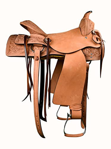 Hulara Silla de montar de cuero genuino con herramientas occidentales tallada y cómodo asiento de 14 a 18 pulgadas Western Saddles para caballos Barril Racing Saddle