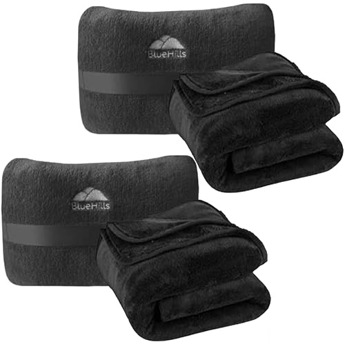 BlueHills 2-Pack Mini Premium Soft Plush Travel Blanket Pillow Airplane Essentials Flight Throw in Bag with Hand Luggage Strap and Backpack Clip Accessories Portable Plane Blankets Black - M25