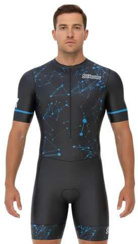 Men's Cycling Skinsuit Gel Padded One Piece Trisuit Bike Top Short Sublimated Unique Design Bib Shorts (Black/Blue, L)
