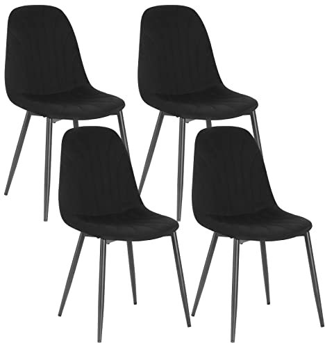 Lestarain Lot de 4 Chaises de Salle à Manger, Chaise de Cuisine en Velours, Chaise Scandinave avec Dossier Ergonomique, Assise Rembourrée, Pieds en Métal, Noir, LCNI114002-4