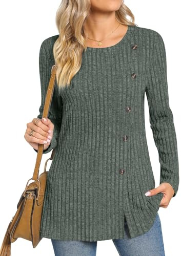 TAOHUADAO Women's Long Sleeve Jumpers Crewneck Tunic Tops with Button Sides Loose Casual Fall Sweater Shirts for Leggings XL, Green