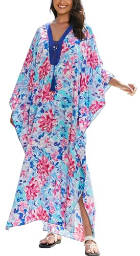 LikeJump Bata de baño tipo caftán para mujer, ropa para el hogar, bata de baño, vestido largo para bikini, tops, A1 Azul Rosa, talla única