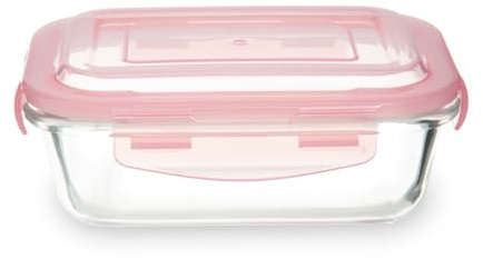 Premier Housewares Storage Containers 640ml Rectangular Glass Container Baby Food Storage Containers with Pink BPA-Free Lid Airtight Food Storage Solution, 13x7x18cm