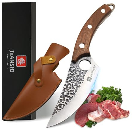 JUANSHI Coltello da esterno, Coltelli da Cucina coltello da chef professionale con fodero in pelle - coltello forgiato a mano, coltello vichingo, coltello da disosso per cucina