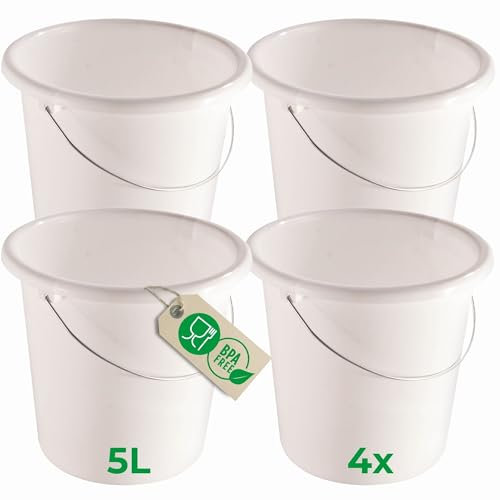 Novaliv Lot de 4 seaux de 5 l blanc avec graduation dimensionnelle - Seau de nettoyage de 5 litres ? 22,5 cm - Pratique et polyvalent avec graduation pour la maison et le jardin - Idéal comme seau