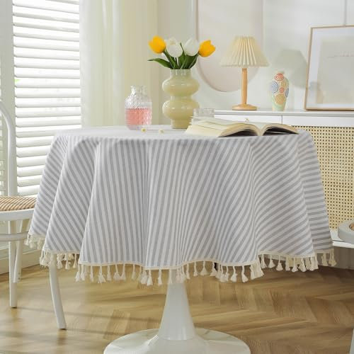 meioro Gestreifte Tischdecke Rechteckige Tischtuch mit Quasten, Abwaschbare Tischdecken Dekorative Tischwäsche für Küche, Esszimmer und Tabletop (Grau/Weiße Streifen,Durchmesser 100cm)