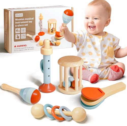 Arbolisse Montessori Baby Spielzeug 3 6 9 Monate, 5pc Holzspielzeug Spielzeug ab 1 Jahr, Montessori Spielzeug ab 6 Monate bis 1 Jahr, Baby Musikspielzeug Sensorisches Training lernspielzeug ab 1 Jahr