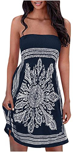 Summer Dresses for Women UK Strapless Boho Floral Print Sundress Tube Top Dress Beach Cover Ups Smocked Strapless Boob Tube Bandeau Casual Mini Dress A Line Flowy Sundresses