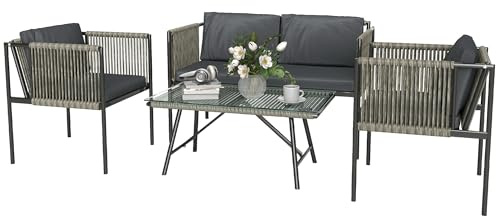 Outsunny Set di Mobili da Giardino in Rattan 4 Pezzi, Salotto da Esterno con Divano a 2 Posti, 2 Poltrone da Esterno, Tavolino da Caffè in Vetro e Cuscini Lavabili, Struttura in Acciaio, Nero/Grigio