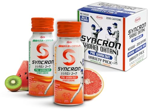 Syncron Pre Workout Sports Drink Backed by Shohei Ohtani, Aluminum Bottle, No Sugar & Caffeine Free Pre Workout Drink, L-Arginine, L-Citrulline & BCAAs, Watermelon Kiwi & Grapefruit, 6 Pack, 2 oz