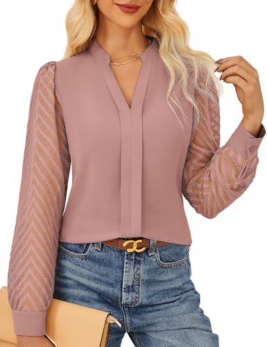 GRACE KARIN Women's Elegant Blouse Textured Semi-Sheer Sleeves Office Work Shirt Classic Henry V Neck Tops