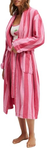Kouoybt Women Soft Fleece Dressing Gown Striped Print Front Tie Up Warm Bathrobe Cute Absorbent Bathrobe with Pocket (A-CORAL RED, S)