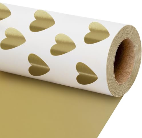 BIOBROWN Gold Heart Wedding Wrapping Paper Roll, 43cm x 10m